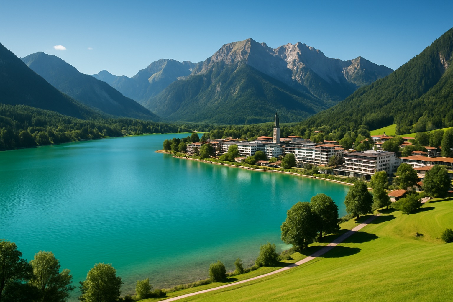 Türkiser Alpensee mit Bergen in Bayern