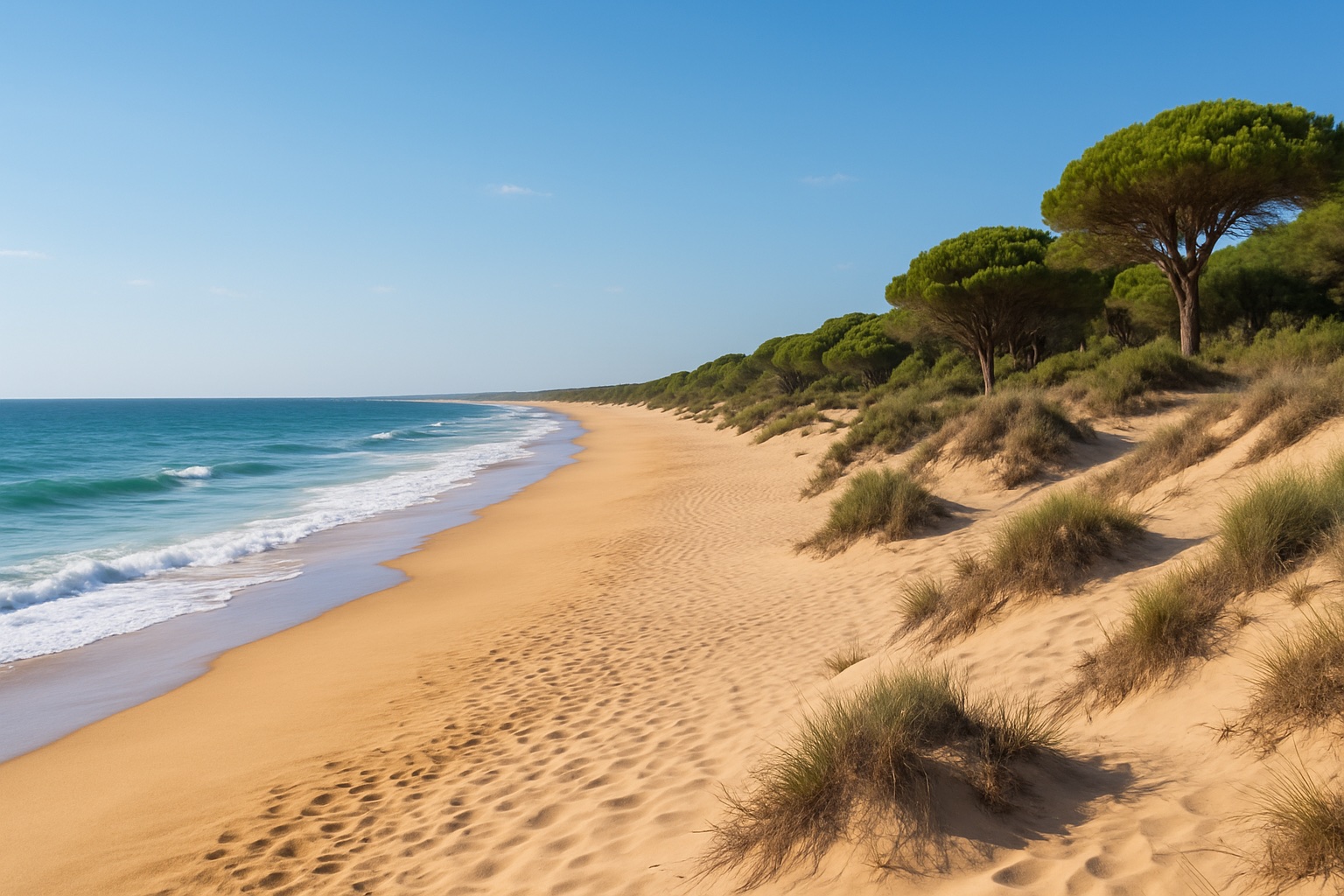 Breiter goldener Sandstrand der Costa de la Luz in Spanien