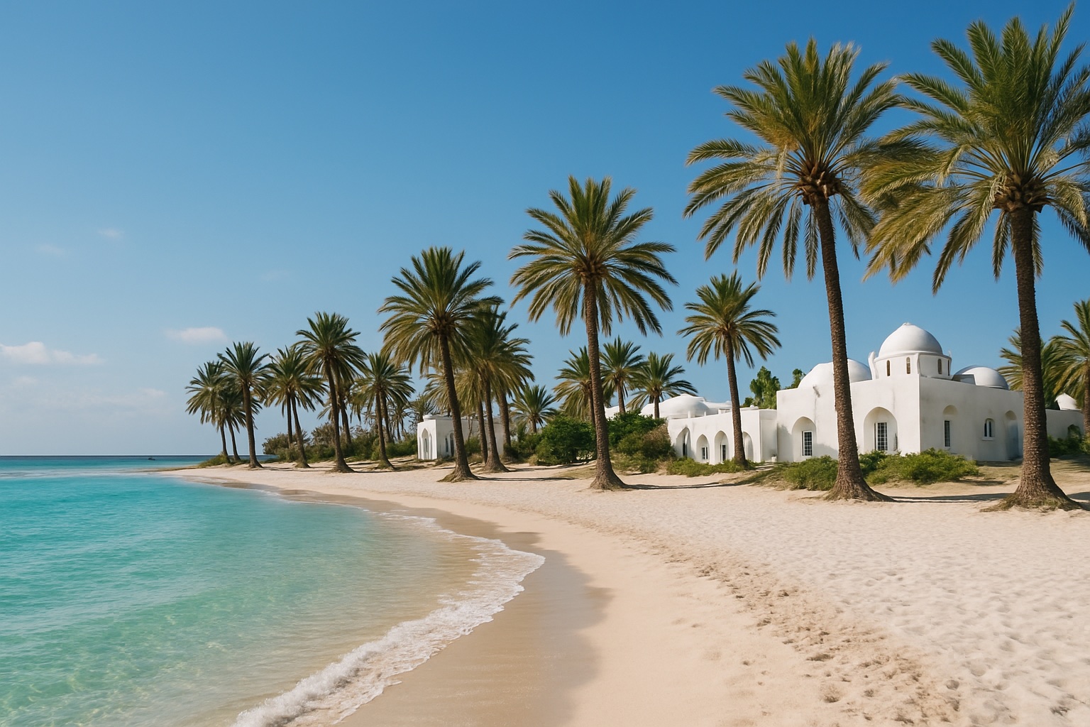 Palmengesäumter Strand von Djerba in Tunesien