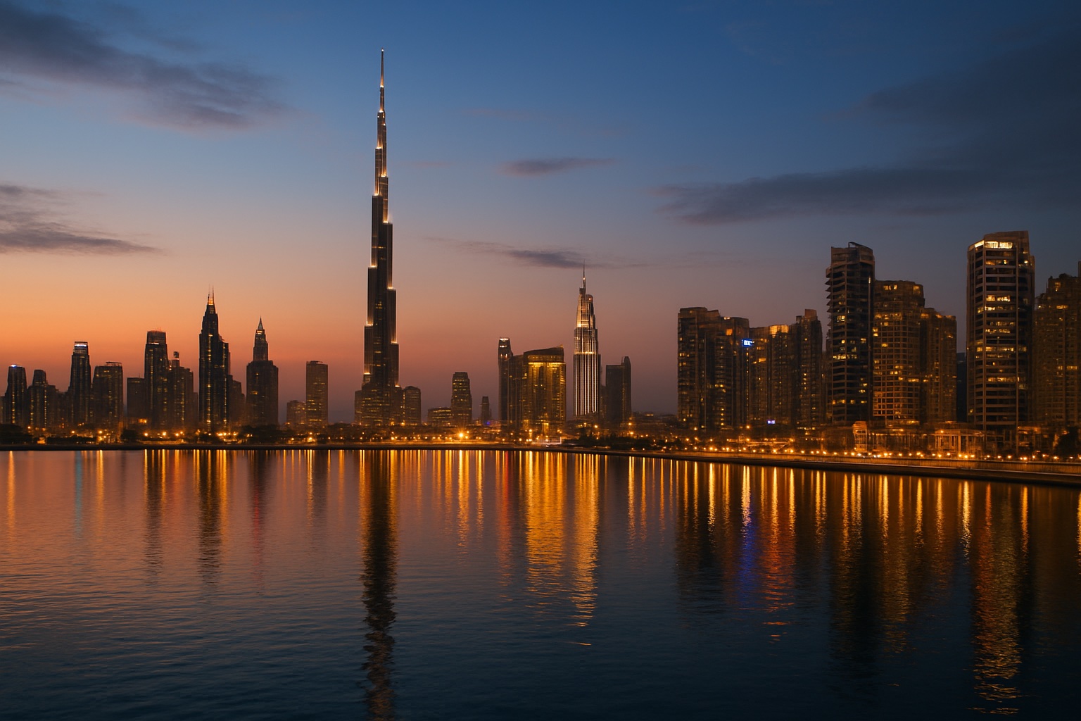 Skyline von Dubai mit Marina in der Daemmerung