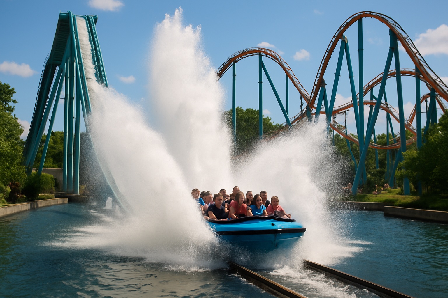Wilde Wasser-Achterbahn mit großer Fontäne im Freizeitpark