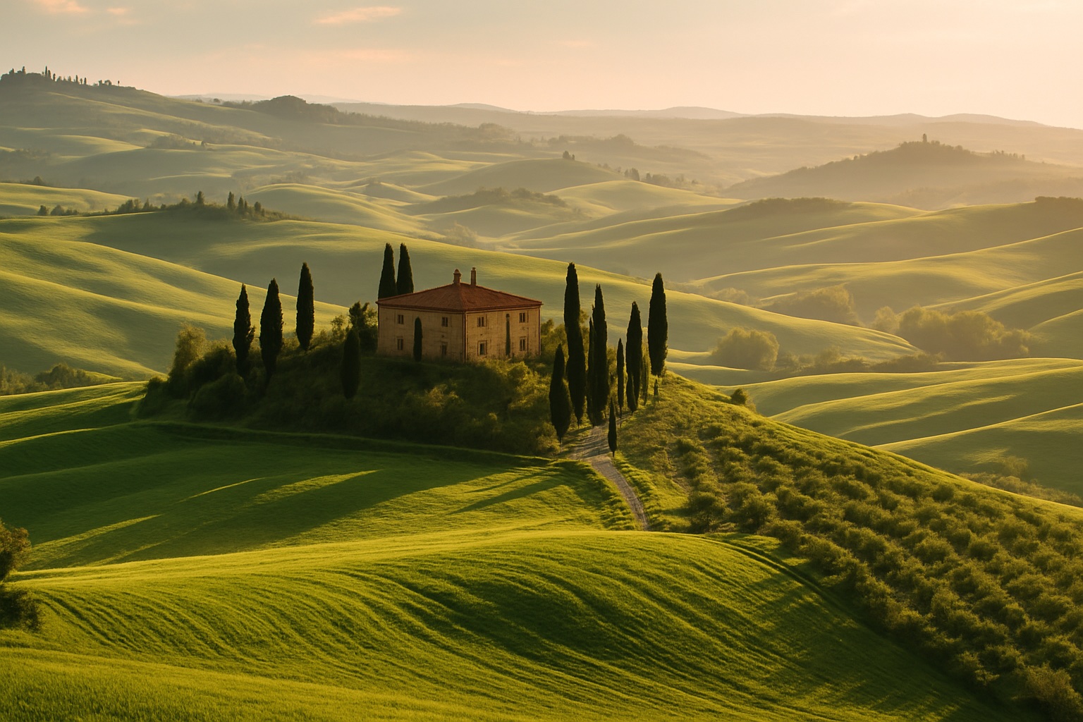 Typische Toskana-Landschaft mit Zypressen und Huegeln in Italien