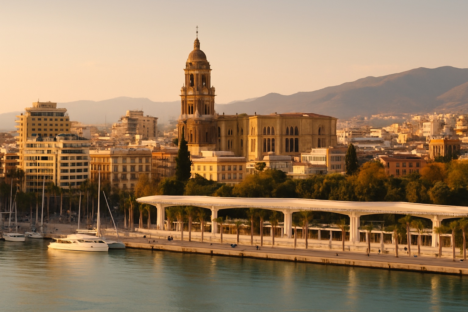 Skyline von Málaga in Andalusien mit Kathedrale und Hafen