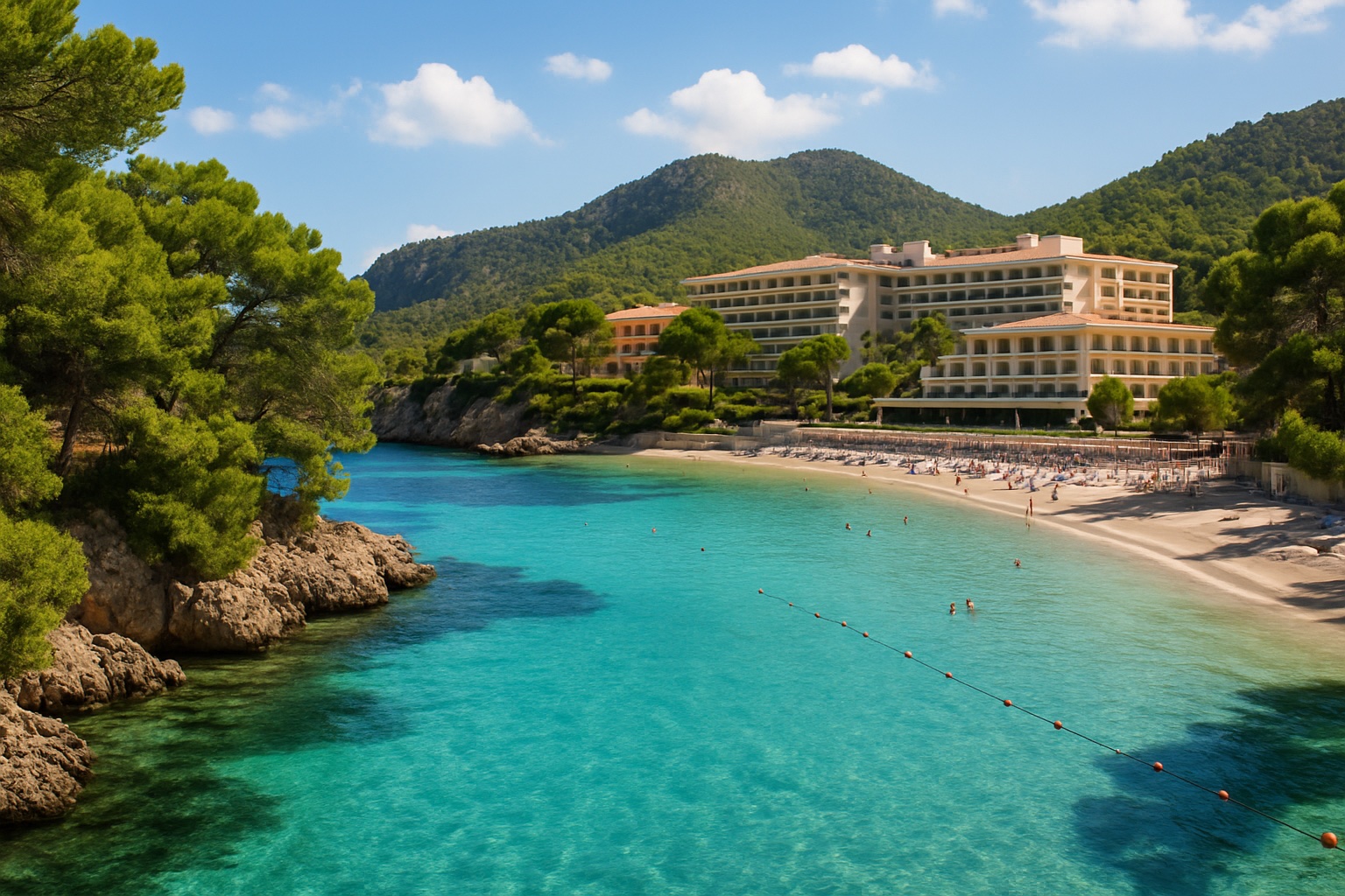 Bucht von Camp de Mar auf Mallorca mit Pinienklippen