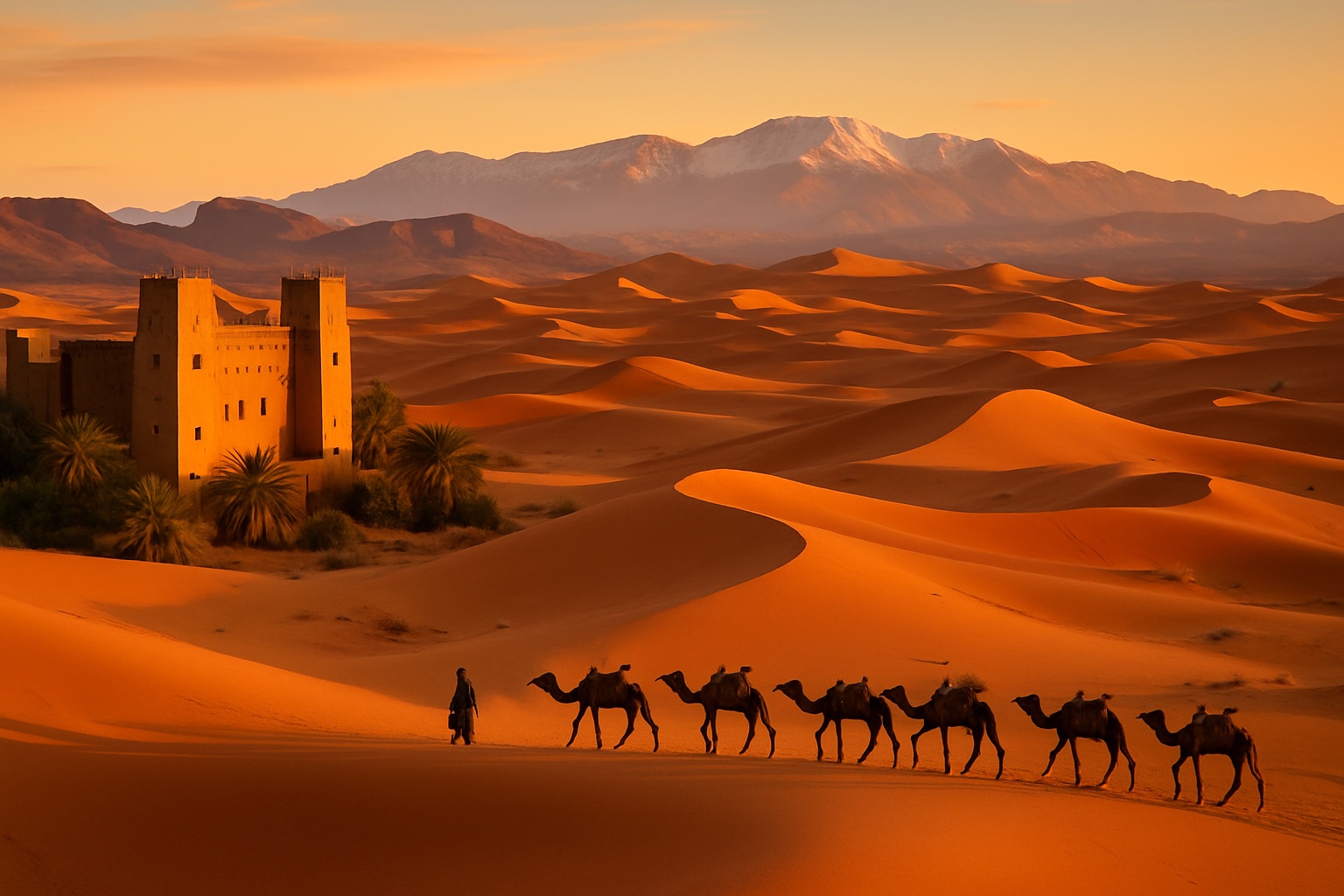 Sahara-Dünen mit Kasbah und Atlasgebirge in Marokko