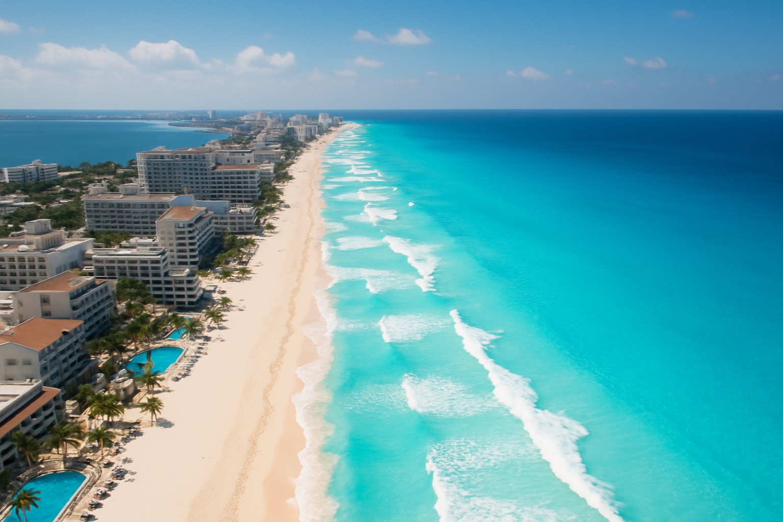 Karibikküste bei Cancún in Mexiko aus der Luft