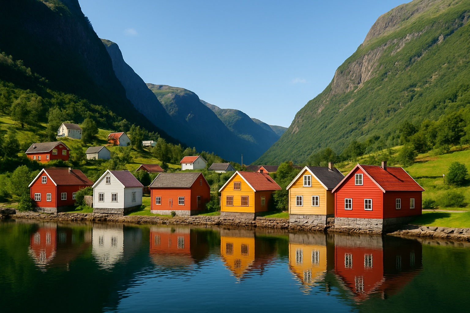 Norwegischer Fjord mit bunten Häusern und Bergen