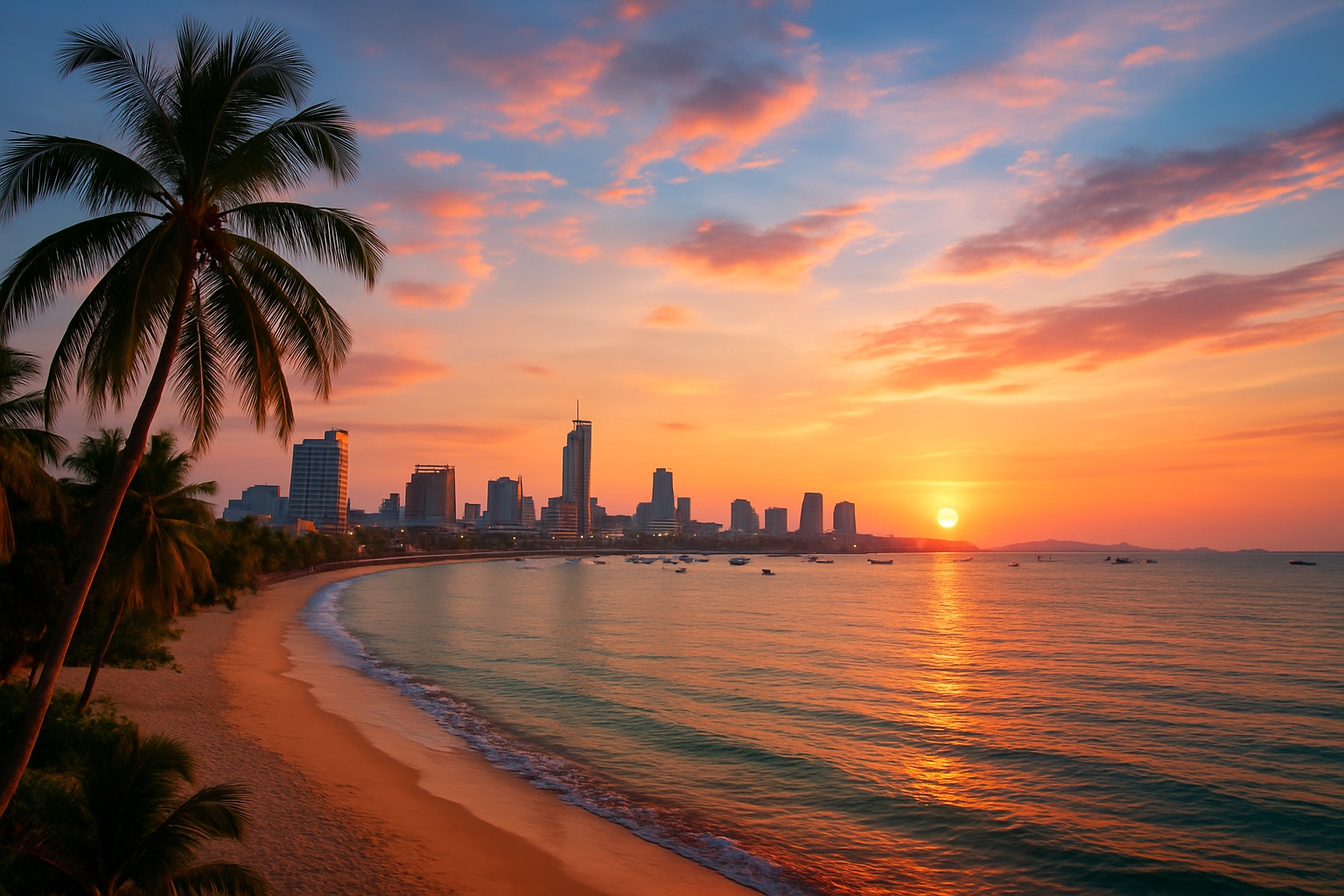 Küste und Skyline von Pattaya in Thailand bei Sonnenuntergang