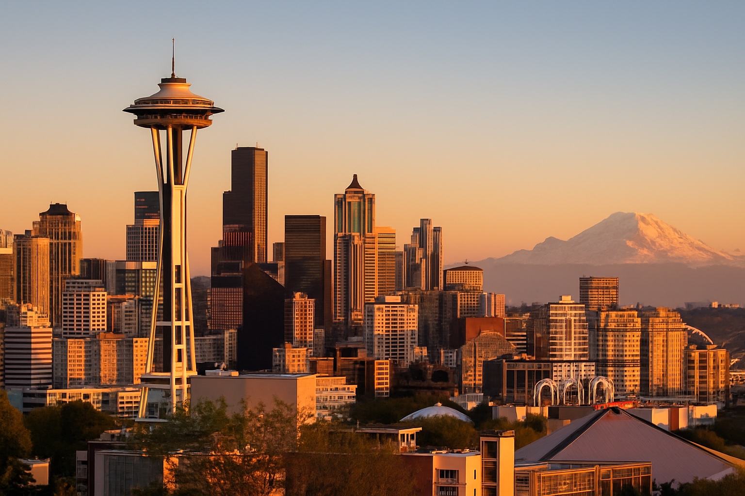 Skyline von Seattle mit Space Needle und Mount Rainier