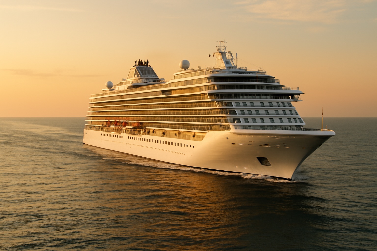 Modernes Luxus-Kreuzfahrtschiff auf offener See bei Sonnenuntergang