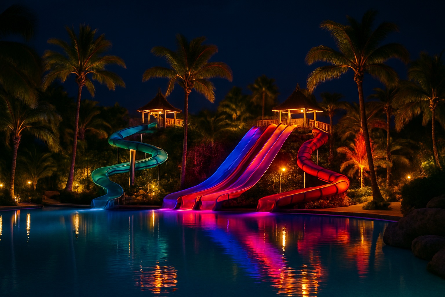 Beleuchteter tropischer Wasserpark bei Nacht auf Teneriffa